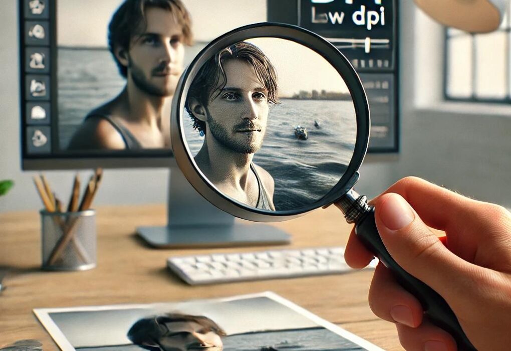 Zdjęcie na monitorze, ktoś trzyma lupę i przygląda się jakości zdjęcia DPI.